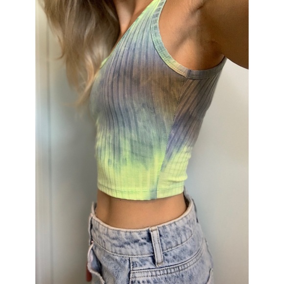 Small, lime green and blue tie dye crop tank top - Picture 3 of 9